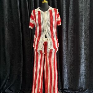 Fashion Nova | Red and White Striped Crochet Pants & top  Set| LARGE